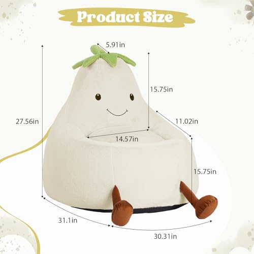 Image of 31 Inches Memory Foam Bean Bag Chair - Ultra Soft Faux Rabbit Fur Round Sofa with Handle & Machine Washable Cover, Eggplant-Shaped Kids Reading Chair for Bedroom, Living Room and Playroom, Beige