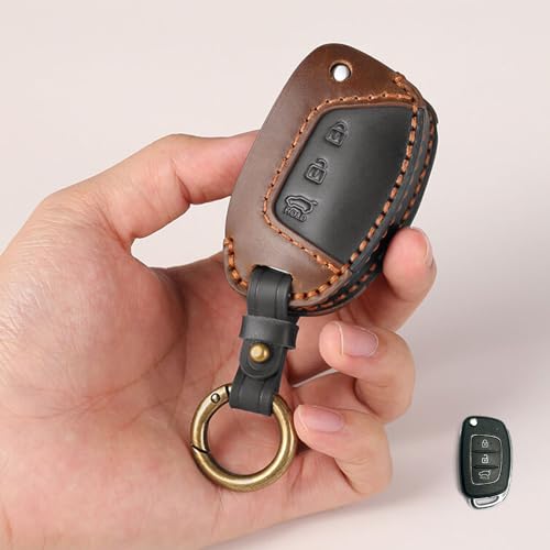 Image of Keyzone dual leather key cover for Hyundai Exter, i20, Creta, Venue, Tucson, Alcazar, Grand I10, Aura, Xcent flip key