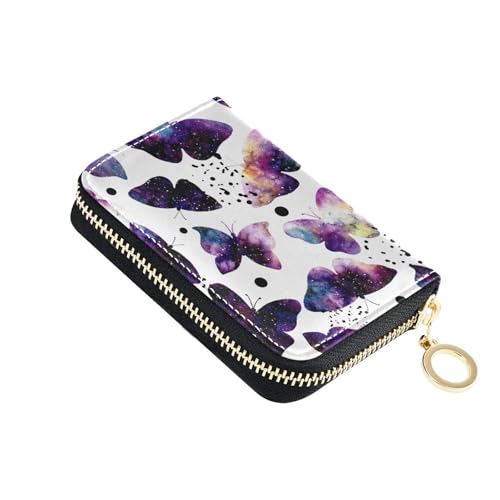 RFID Credit Card Holder Butterflies Watercolor Galaxy Leather With Zipper Card Case Wallet for Women Girls