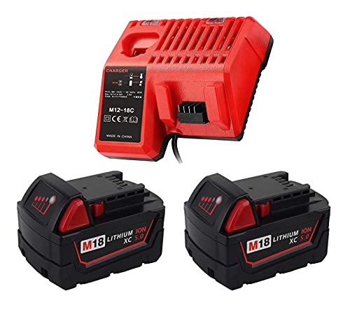 FengBP®️Lot de 2 batteries M1850 18V 5,0Ah avec chargeur pour Milwaukee M18 48-59-1812, 48-59-1807, 48-59-1806, 48-59-1840 ,M18B M18B4 48-11-1820 14,4-18 V Li-ion
