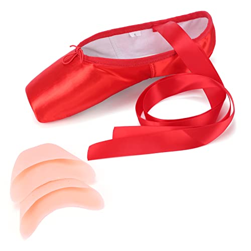 Wendywu Professional Ballet Pointe Shoe For Kids Girl And Ladies Pink Pu Soled Ballet Pointe Dance Shoes With Toe Pads (Red,8) #TOP4