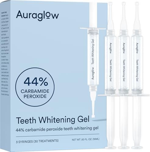 Auraglow 44% Teeth Whitening Gel for Trays, Retainers & Aligners – Dentist Strength Carbamide Peroxide Whitener, 30 Treatments, 3 Syringes (5mL)