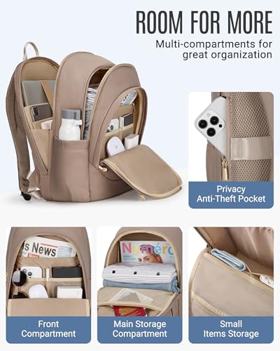 Image of LIGHT FLIGHT Travel Laptop Backpack Women, 15.6 Inch Laptop Backpack with USB Charging Hole, Water Resistant College Bookbag, Black Computer Backpacks for Work, Champagne