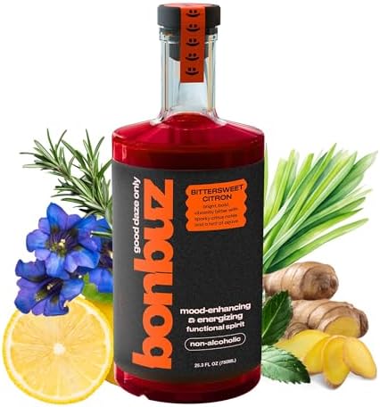 Bonbuz Bittersweet Citron โ Functional Non Alcoholic Spirit โ Sugar Free Syrup, Nootropic, Adaptogens, Wine Alternative with Buzz, Alcohol-Free Spirits, Ginger Mocktail Mix, 750ml