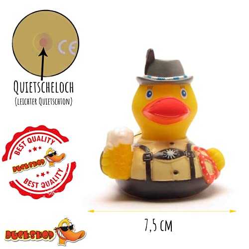 DUCKSHOP I Badeente Bayer mit Brezel I Quietscheente Oktoberfest I L: 7,5 cm I Quietscheentchen I Geschenk für Bayern I Präsent Sammler