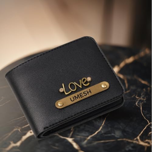 Image of ncgifts Men's Customized Wallet I Personalised Slim Stylish Leather Purse with Name & Charm I Unique Birthday Anniversary Gift for Men Boy Love Husband Employees Clients (Black)