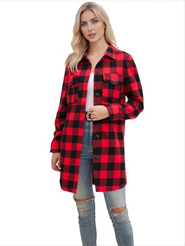 Image of SANGTREE Women and Girls Oversized Flannel Plaid Shirt Mid-Length Casual Button Down Shirt with Pockets