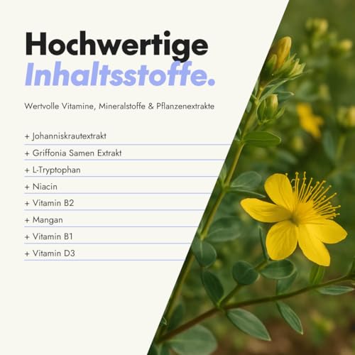 serotalin Active Balance Zen Mood | 60 hochdosierte Johanniskraut Kapseln mit Griffonia & L-Tryptophan, Vitamin D3, B-Komplex & Mangan | Ohne Koffein | Vegan