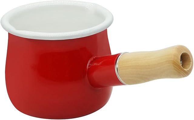 Enamel Milk Pan, Mini Butter Warmer 10cm Enamelware Saucepan Pan Cookware with Wooden Handle, Perfect Size for Heating Smaller Liquid portions. (Red)