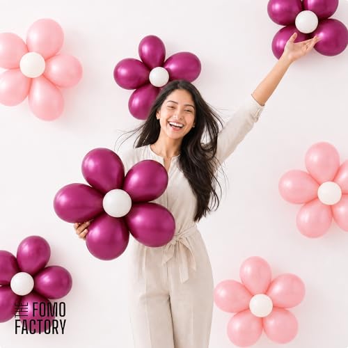 Image of The FOMO Factory 8 Pcs Flower Balloon Clips + 50 Pcs Metallic Chrome Balloons - Pink Birthday Decoration Kit with Pink Golden HBD Banner | Reusable Party Props Kit for Girl Birthday (PinkFC)