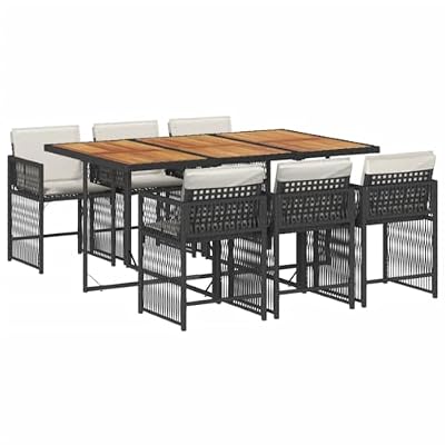 WRJENFSC 7 Piece Outdoor Dining Set with Rectangular Acacia Wood Table and 6 Foldable Rattan Chairs, Space Saving Patio Furniture for Garden and Terrace, Black and Cream White