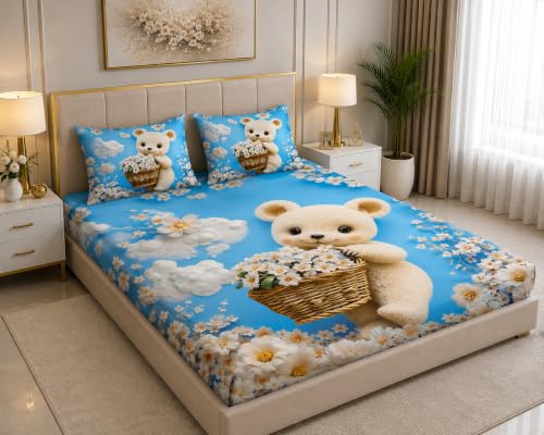Image of 7D Digital Printed King Size Bedsheet | 240TC Premium Cotton Feel Microfiber with 2 Pillow Covers | Soft Breathable & Wrinkle Free Bedding Set | (BearBlue, King Size-90x100 Inch)