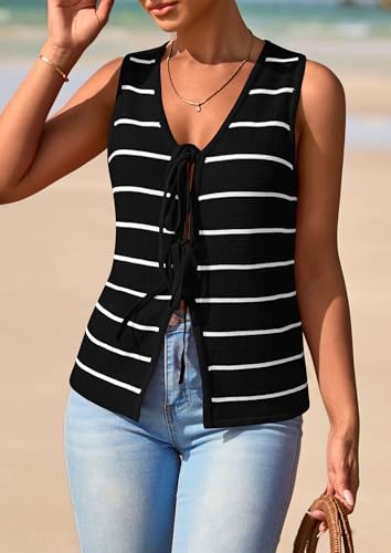 NALANISA Women's 2025 Summer Trendy Tank Tops Crochet Knit V Neck Sleeveless Tie Front Striped Sweater Vests Beach Outfits2