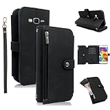 Compatible with Samsung Galaxy J3 2016/J 3 V/J36V/Sky/Amp Prime Wallet Case Flip Card Holder Stand Cell Strap Rugged Wrist Credit Purse Folio Phone Cover for Sol J3V JV3 J36 6 J320V J320A Men Black