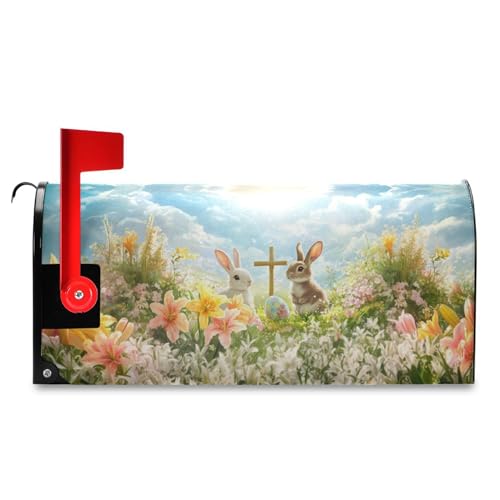 Image of Wamika Happy Easter Day Eggs Bunny Mailbox Cover Standard Size Welcome Spring Flowers Lily Magnetic Mailbox Covers Garden Yard Porch Mail Boxes Cover Holiday Decorations 21 inch L x 25 inch W