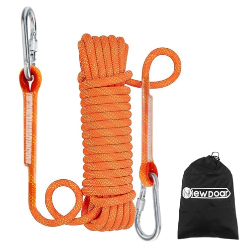 NewDoar 12KN Statisches Kletterseil 10mm Zubehörschnur Ausrüstung Fluchtseil 10M/20M/30M Kletterseile mit 2 Karabinern zum Abseilen, Eisklettern, Feuerrettung, Abseilen etc-Orange/10 m