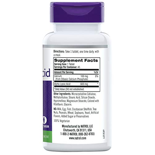 Natrol Alpha Lipoic Acid Time Release Tablets, Antioxidant Protection, Ala, Helps Protect Against Cellular Oxidation And Age-Related Damage, Whole Body Cell Rejuvenation, 600Mg, 45 Count #TOP1