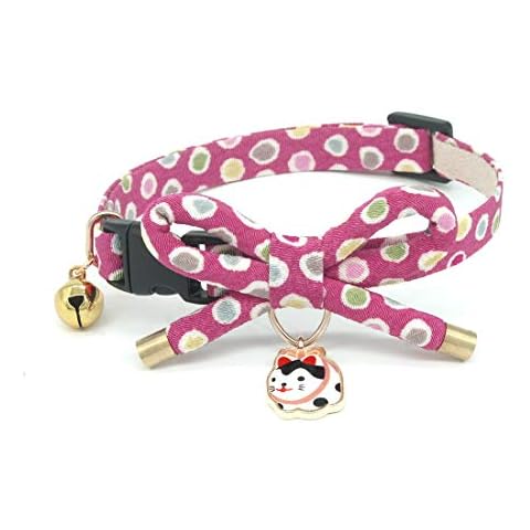 PetSoKoo Cute Bowknot Cat Collar with Bell. Japan Colorful Polka Dots Pattern. Lucky Cat Charm. Safety Breakaway, Soft, for Girl Boy Male Female Adult Cats,Pink Cover