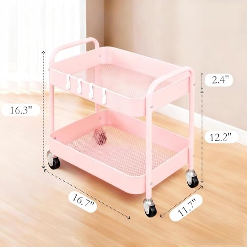 Image of Pink 2 Tier Rolling Cart Metal with Wheels Under Desk Storage Cart for Small Space Organization, Small Trolley for Pantry Room Laundry Bathroom Kitchen Office Art Snack Baby Supplies