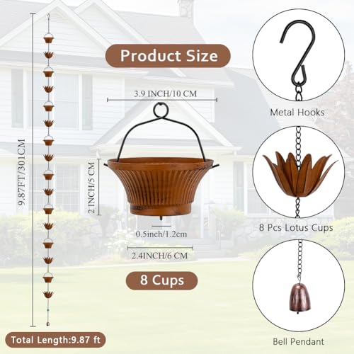 Qipade Lotus Rain Chains for Outside, 9.8FT Rain Gutter Chain with 16 Cups — photo 3