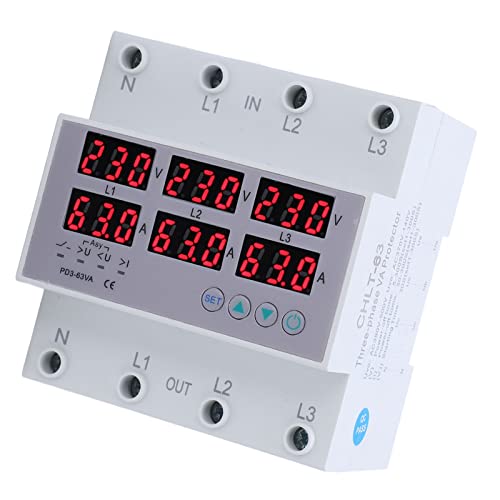AC230-300V Trifásico Carril DIN Voltímetro Amperímetro Sobretensión Protector contra Sobrecorriente Restablecimiento Automático Pantalla Digital Voltaje Corriente Tiempo Real(63A)