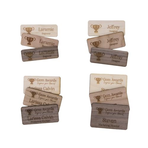 Gem Awards Custom Wood Name Tags with Logo Laser Engraved Employee Name Badges Personalized Wooden Name Tags for Business & Office Magnet Pin or Hypoallergenic Magnet (Walnut)