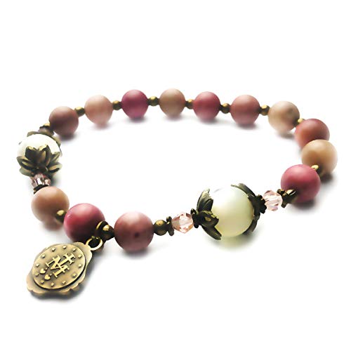 Pink Rhodonite and Mother of Pearl Stone Catholic Rosary Bracelet for Women with Virgin Mary Our Lady of Graces Medal Charm - Catholic Gifts Women2