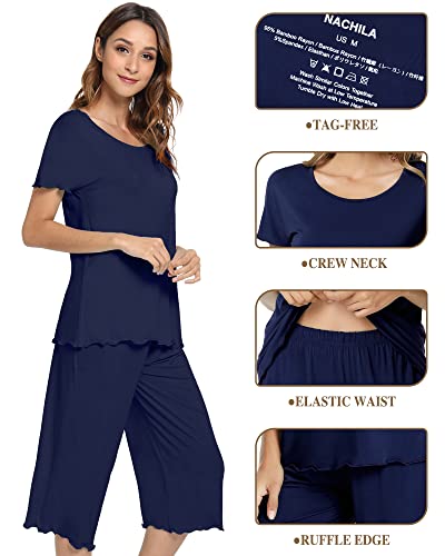 Nachila Bamboo Pajamas For Women Soft Pajama Sets Short Sleeve Top With Capri Pants Pjs Plus Size Loungewear Navy M #TOP3