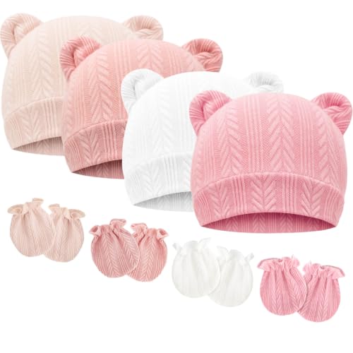 Image of BQUBO Newborn Baby Hats Bear Ears and Mittens Sets Preemie Caps Baby Boy Girl Infant Hospital Beanie for 0-3 Months