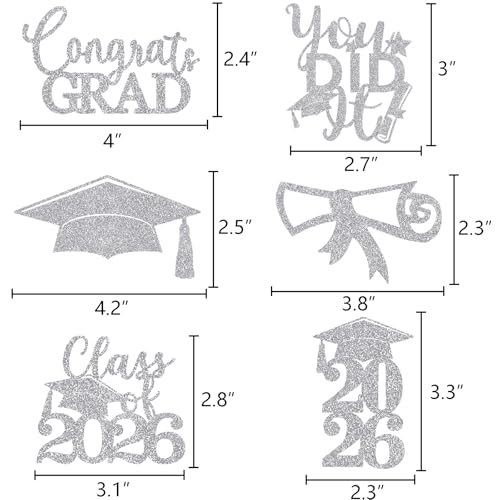 Image of Graduation Centerpiece Sticks 24PCS Glitter Grad Picks Party Table Decor Senior High School College Sign Silver