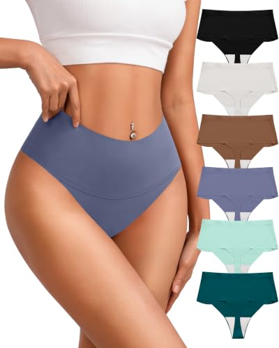 ORLAROY Thongs for Women Seamless Underwear High Waisted Panties Soft High Cut Thong 6 Pack L