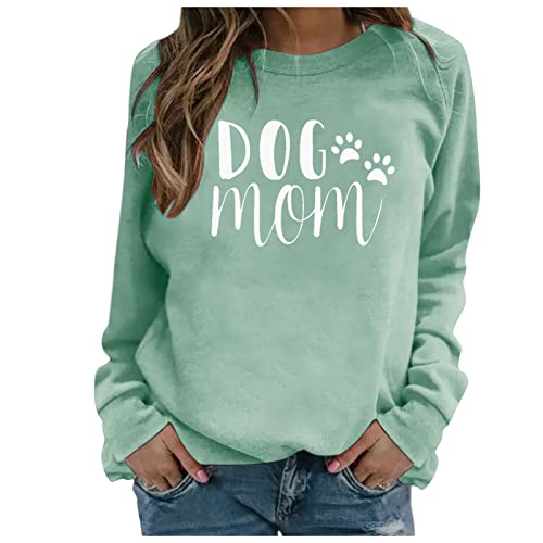 Mousya Women Dog Mom Sweatshirt Dog Mama Pullover Cute Dog Paw Graphic Tee Funny Letter Print Long Sleeve Shirt (Medium, Light Green) #TOP9