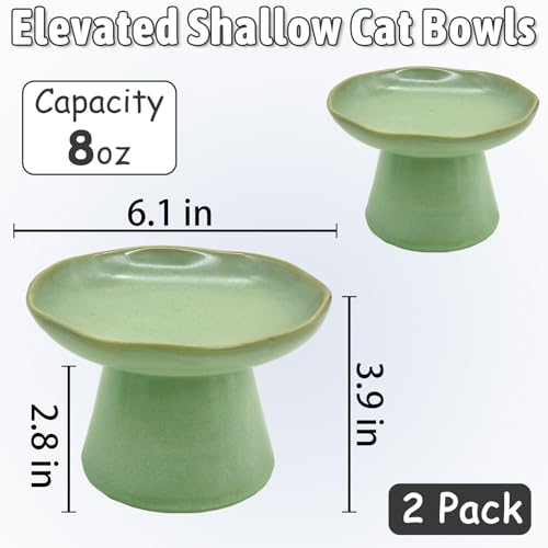 VCEPJH Elevated Shallow Cat Bowls 6.1in Ceramic Cat Food Plate Pack of 2 Raised Cats Dish Flat Anti Whisker Fatigue Wide Pet Food & Water Feeder for Indoor Kitty Kitten (Green) - Thumbnail 2