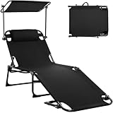 LIFERUN Transat avec auvent, transat de Plage Pliable, 190 × 59 × 32 cm, Charge maximale 150 kg, avec Poche latérale, Coussin et Dossier réglable, pour Jardin, Balcon et Piscine, Noir
