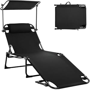 LIFERUN Klappbare Sonnenliege mit Dach, extra breit 190x59 cm, bis 150 kg belastbar, 5-Fach verstellbare Rückenlehne, atmungsaktiver Oxford-Stoff, Kopfkissen für Pool, Garten, Camping, Balkon, Strand