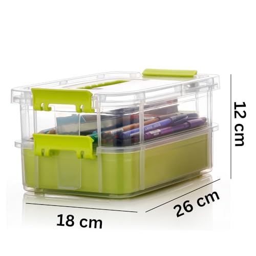 Image of plastic boxes for Storage transparent boxes for storage, Portable & Stackable Space Saving Organiser with Lid for Medicine, Jewelry, Arts & Crafts, Buttons, Beads (Green, 2 TIER WITH 1 TRAY)