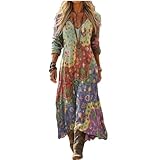 Vestido Largo Mujer Estilo Boho con Estampado Étnico Geométrico, Cuello en V Manga Larga de Lino y Algodón, Vestido Playero Casual Elegante para Diario y Viajes, Ropa Suave Holgada Vintage