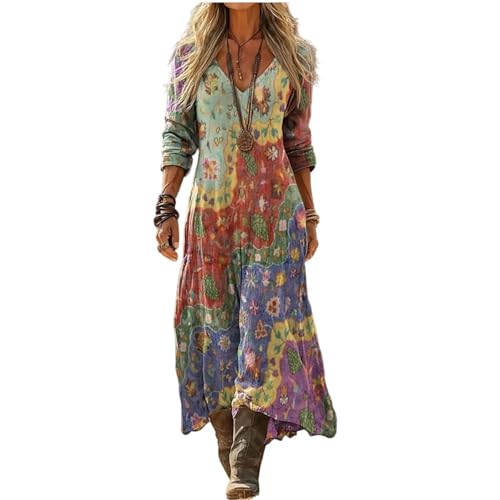 Générique Robe Femme Lin Été Chic et Élégant Bohème Robe Longue Fleurie Col V Fluide Maxi...