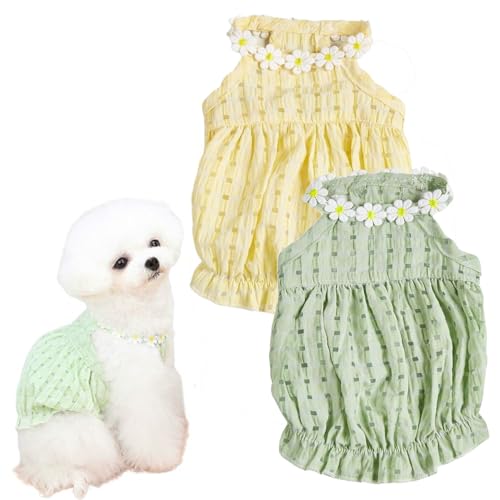 2PCS Dog Dress Set, Vibrant Green & Yellow Dresses for Dogs, Breathable Fabric, White Flower Details, Comfortable Elastic Waistband, Summer Pet Clothing for Small and Medium Breeds(2PCS A,S)