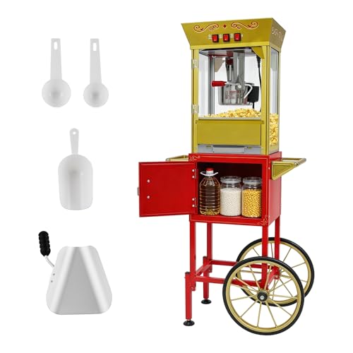 Image of 12 Oz Popcorn Machine with Cart (Red) - Medium Capacity Vintage Popcorn Maker - 3 Easy Switches with Storage, 4 Spoons for Home & Light Commercial Use