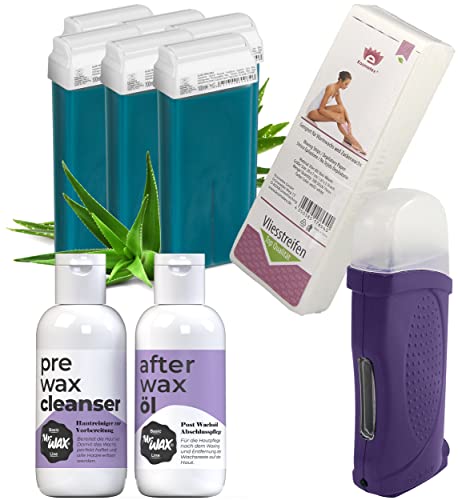 6x Wachs-Patronen Aloe Vera Kosmetex, Erhitzer, 1x Pre Reiniger Mr. Wax 1x After Wax Öl 100x Vliesstreifen
