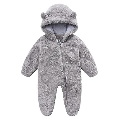 Älva baby snödräkt, nyfödd baby med huva fotad sparkdräkt fleece snödräkt tecknad flanell dragkedja jumpsuit tunn höst vinterkläder, Grå, 0-3 Months
