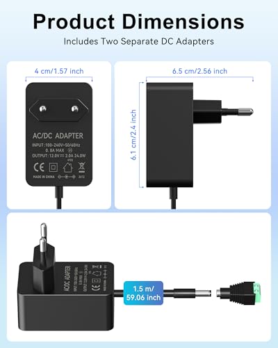 12V 2A Netzteil,RENGOGA 100-240V AC Adapter Netzteil mit 2 DC-Stecker,1.5 Meter Kabel,12V Steckers Netzadapter Kompatibel mit LED-Licht,Transformator,Externe Festplatte, Router, Radio,CCTV Kamera