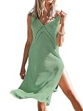 CUPSHE Vestido de playa de ganchillo para mujer con aberturas, manga larga, cuello en V, traje de baño de verano, verde claro, S