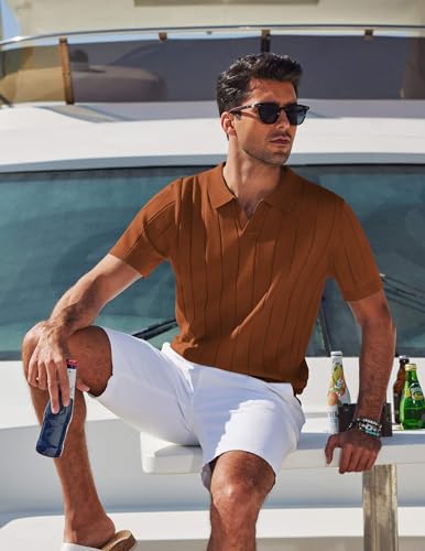 Image of COOFANDY Mens Polo Shirts Short Sleeve V Neck Knit Shirts for Men Casual Old Money Clothes Mens Golf Shirt