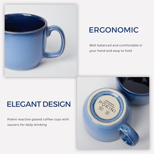 Pokini Stoneware Coffee Cups with Saucers, 6 Oz Cappuccino Cups Set of 4, Microwave & Dishwasher Safe, Perfect For Tea, Espresso, Latte, Ceramic Mugs for Kitchen or Cafe, Light Blue — view 3