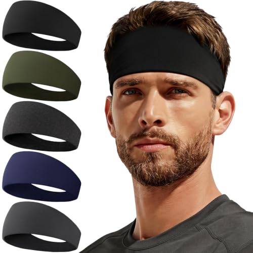 CYPERROCK 5 Pack Sweat Band Running Sports Headbands Moisture Wicking Workout Headband for Men/Women Black+Green+Heather Gray+Dark Blue+Dark Gray