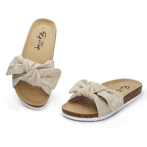 Image of PepStep Slide Sandals for Women or Ladies Dressy Summer Casual, Cute Bow Tie Knot On Top Strap, Comfy Slip On Cork Foot Bed