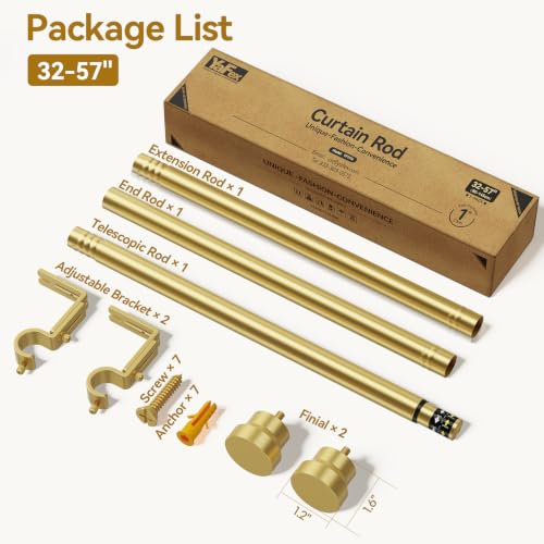 Image of YaFex Curtain Rods 32-57 Inch, Heavy Duty 1 Inch Adjustable Curtain Rod for Windows, Gold Short Window Treatment Rods, Modern Design, Easy Installation
