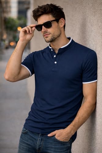 Image of Dagcros Men Polo T-Shirt, with White Trim, Short Sleeve, Button Collar Tshirt for Mens